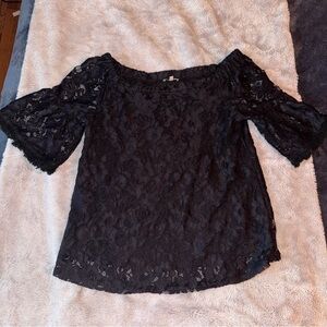 Black Floral Lace Off Shoulder Bell Sleeve Top Boho Cottagecore Romantic M